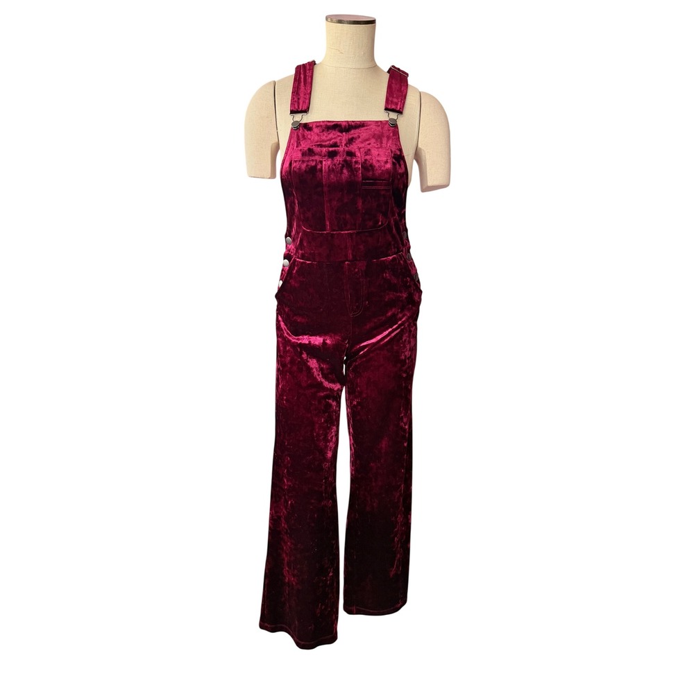 Forever‎ 21 Overalls Small Burgundy Crushed Velvet Wide Leg Jumpsuit 00143292